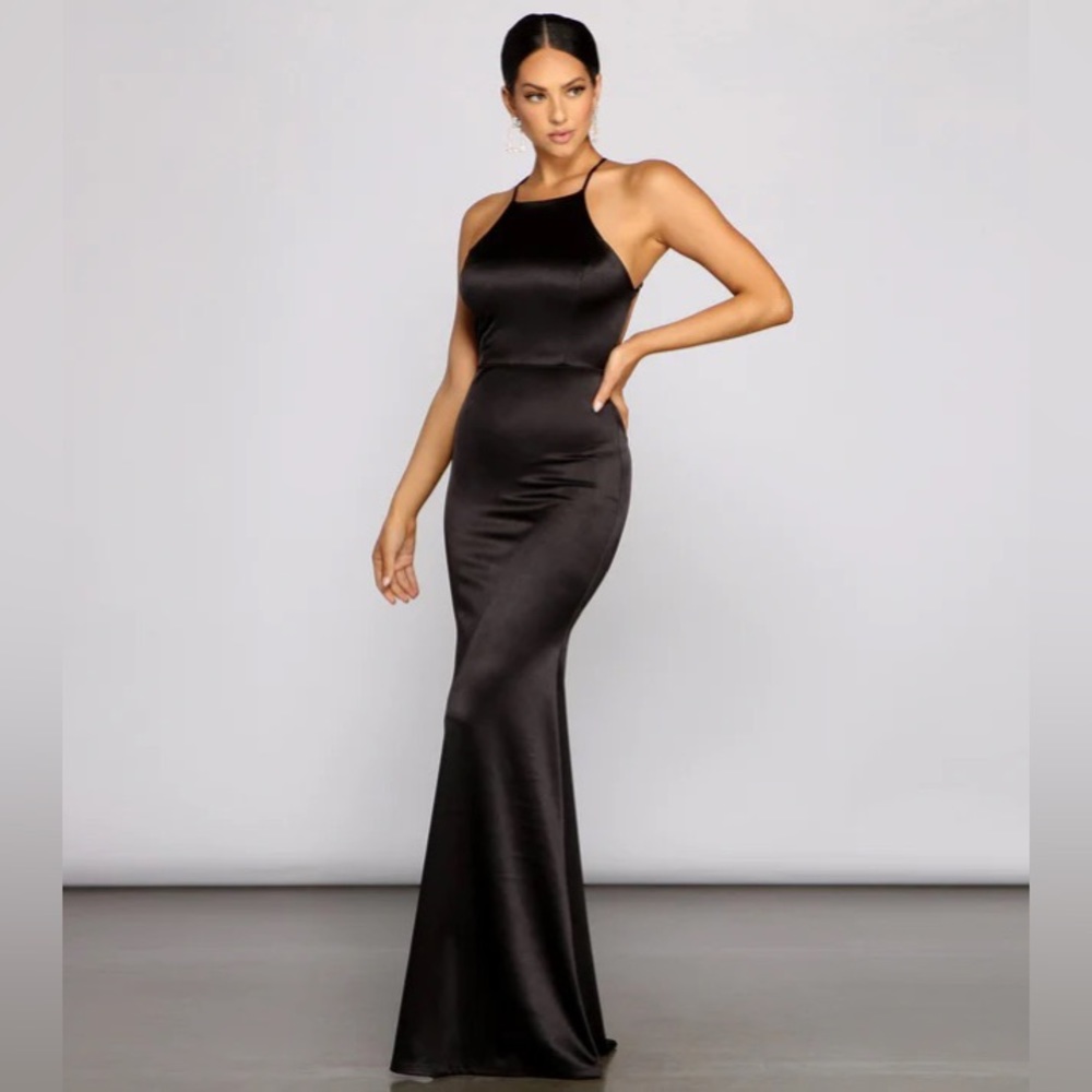 Windsor black halter open back long formal dress